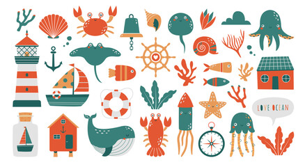 Collection of childish fancy illustration with sea, ocean animals, whale, crab, fish, lighthouse, ship, squid, coral, house. Funny cute cartoon's stickers for kid's greeting card, banner, logo	
