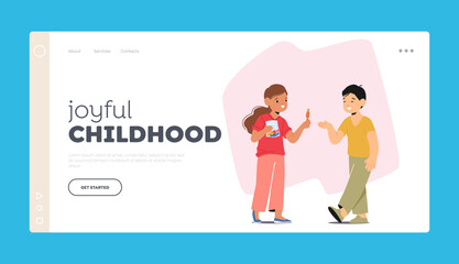 Joyful Childhood Landing Page Template. Little Girl Sharing Candy With Friend, Sweet Gesture of Friendship, Happiness