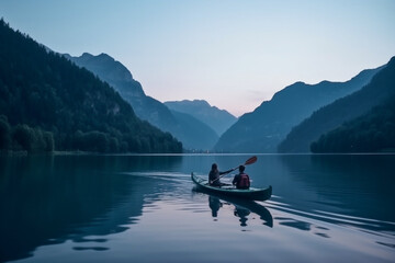 Couple rowing kayak in beautiful mountain lake at twilight floating on water with mistycal mood,