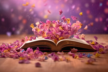 Book on flower petals, blurred spring background. AI generative
