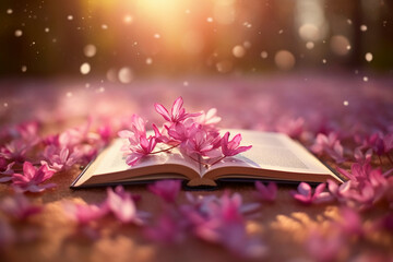 Book on flower petals, blurred spring background. AI generative