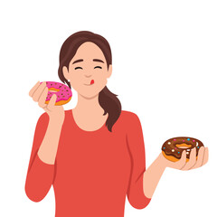 Satisfied beautiful girl eats donuts bought in store with fresh pastries and sweet desserts. Woman eats high-calorie buns covered with sugar icing enjoying donuts from fast food restaurants