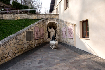 Czerna, Poland April 21, 2023: Monastery of the Discalced Carmelites in Czerna, Poland. Grotto with the figure of the prophet Elijah and scenes from his life.