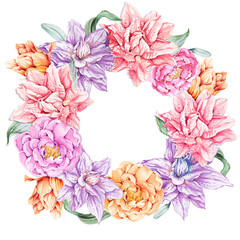 Lily wreath painted in watercolor.Elegant floral collection flower arrangements of lily, hand drawn watercolor.Design for invitation, wedding or greeting cards.
