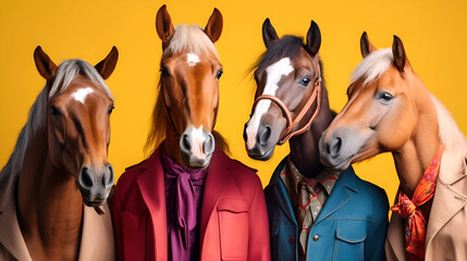 Gang family of horse in vibrant bright fashionable outfits, commercial, editorial advertisement, surreal surrealism. Group shot. Generative AI