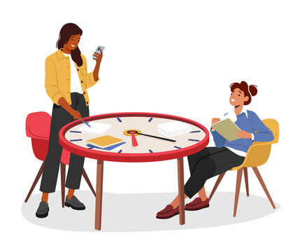 Efficient Time Management. Women Characters Seated At Giant Clock Table, Multitasking With Smartphone And Papers