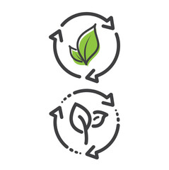 Organic recycle icon, two green leaves with three arrows, reusable environmental.