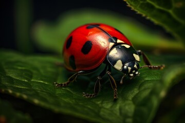 Close-up macro photo of a ladybug on a green leaf, an intimate glimpse into the world of insects made possible by Generative AI