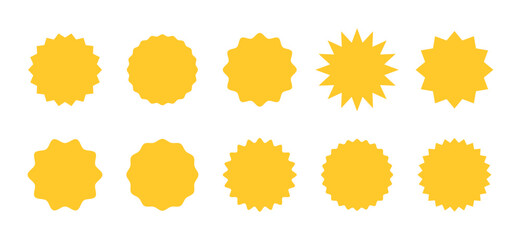 Set of yellow price sticker, sale or discount sticker, sunburst badges icon. Stars shape with different number of rays. Special offer price tag. Red starburst promotional badge set, shopping labels