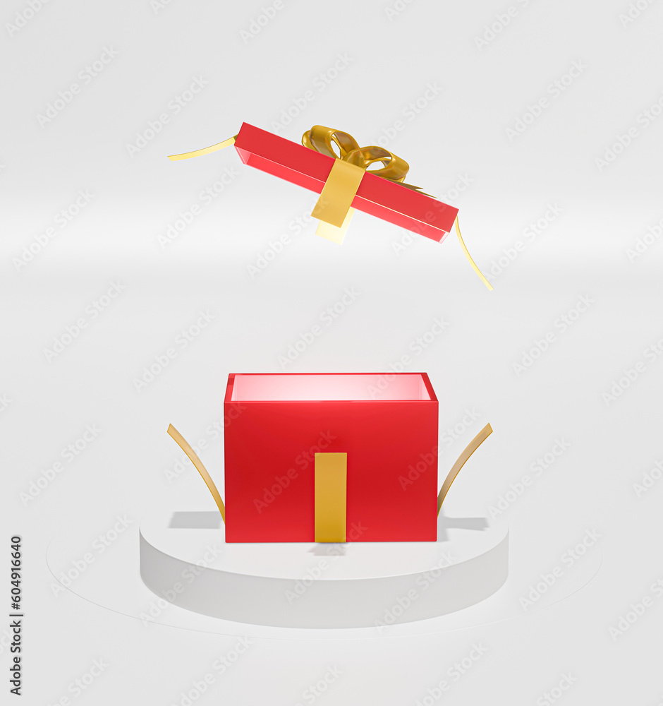 Poster 3d red and golden ribbon empty open gift box on white podium and studio background.illustration rend