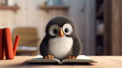 a cute penguin wearing glasses reading book in living room, learning and knowladge and wisdom concept, Generative AI