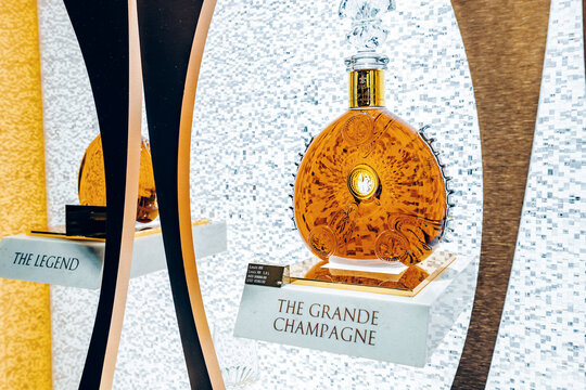 20 January 2023, Dubai, UAE: Very expensive and luxury Cognac Louis XIII in airport Duty free