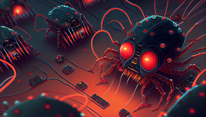 A detailed and futuristic illustration of a nanobot, showcasing its microscopic size and advanced technology in a captivating manner, generative ai