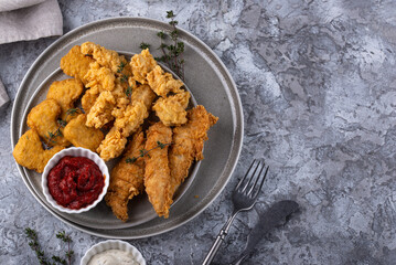 Chicken nuggets, strips and bites