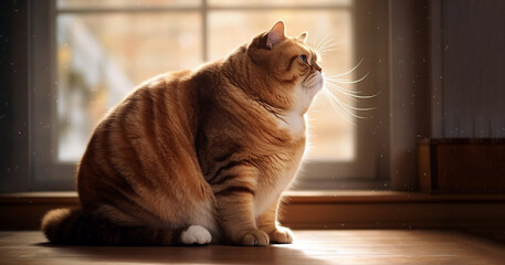Fat lazy funny Orange tabby cat, chubby and furry pet portrait looking at camera, cute animal