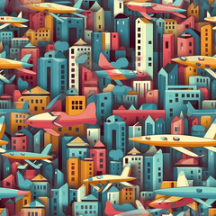 Fantasy airplanes above city, seamless repeat pattern - colorful cubism, abstract art, trippy psychedelic [Generative AI]
