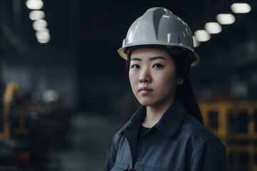 project woman helmet smile portrait job business industry industrial asian engineer. Generative AI.