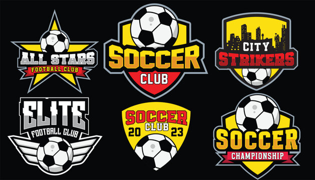 set of colorful soccer logos, and emblems collection. shield, wings, city, and football illustration logos on isolated backgrounds, editable text vector template, tournament and championship, leagues,