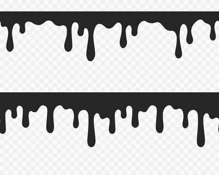 Drip set of oil, sauce or paint isolated on white background. Black chocolate melt liquid splash borders. Flowing sticky slime silhouettes. Vector ink drops seamless patterns