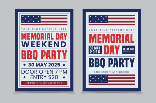 Memorial Day BBQ flyer template, Memorial Day invitation design vector.