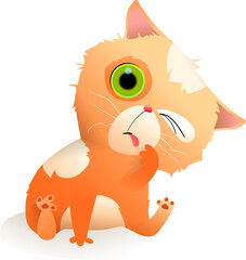 Funny cute pet cat cleaning and licking paw. Adorable kitten illustration for kids. Domestic animal vector clip art graphics for children