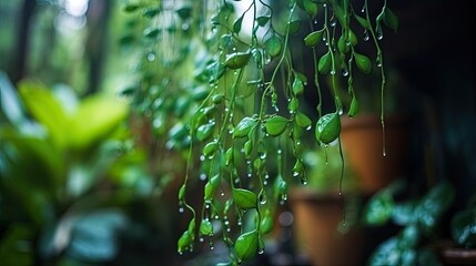 Raindrops dripping from ivy leaves after rain and forest landscape on blurred background. Generative ai