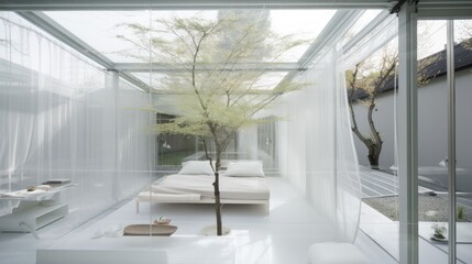 White transparent house with huge windows and space, relax place, living room terrace. Generative AI Technology