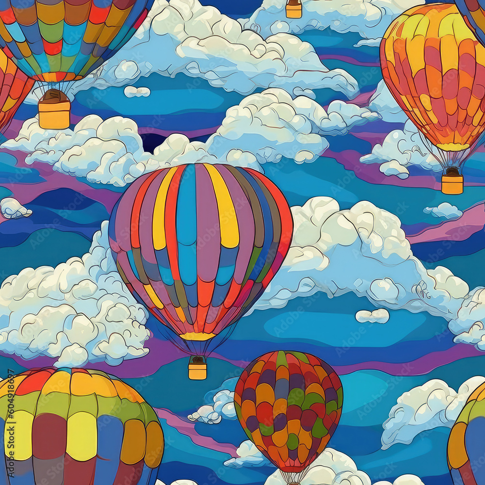 Wall mural hot air balloons and clouds seamless repeat pattern - fantasy colorful cubism, abstract art, trippy 