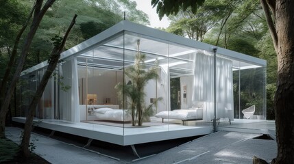 White transparent house with huge windows and space, relax place, living room terrace. Generative AI Technology