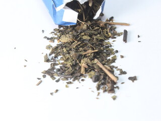 spilled dry black tea on white background