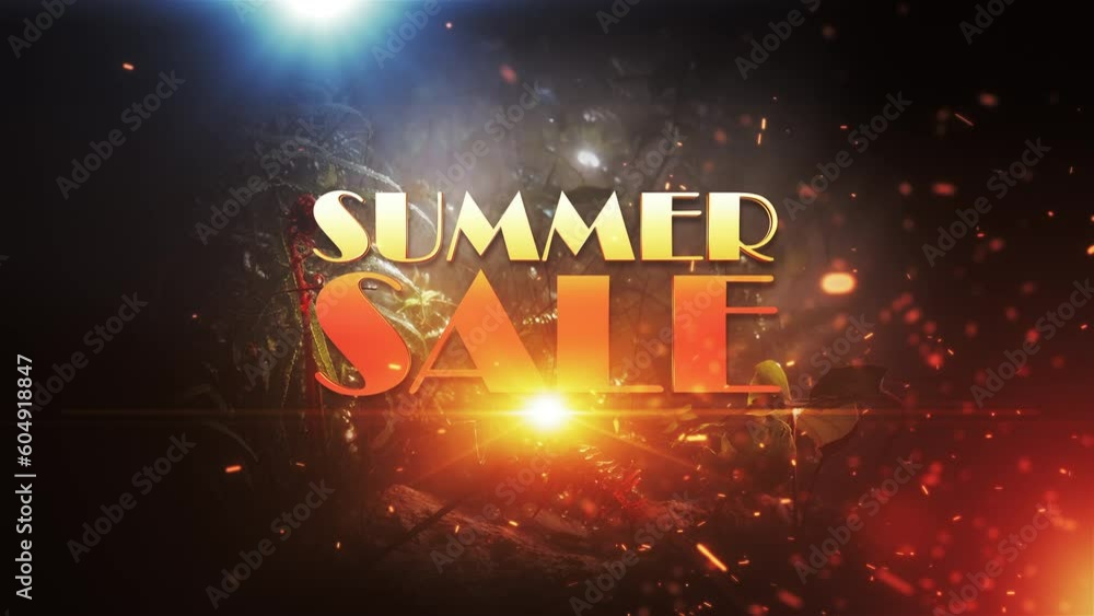 Poster summer sale gold light text animation loop with fire burst firework and particles flow on black abst