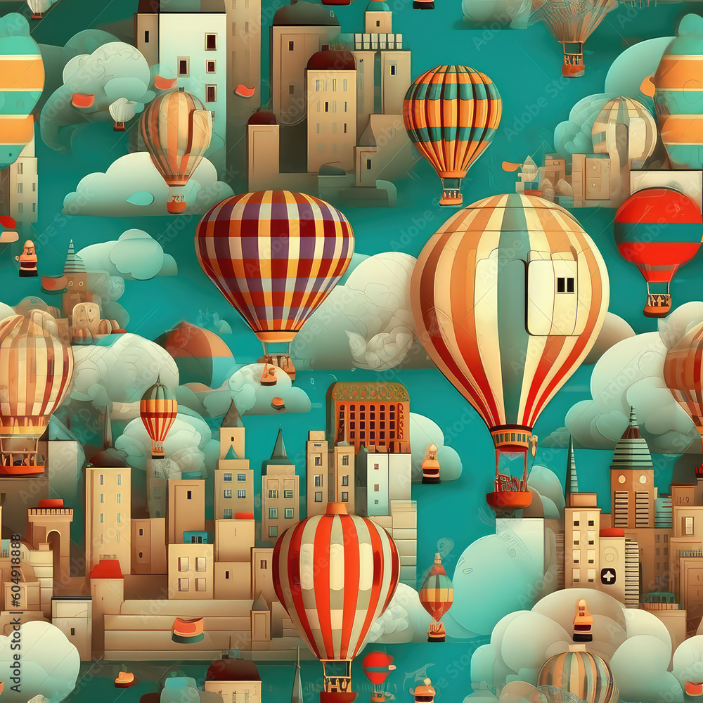 Wall mural hot air balloons and clouds seamless repeat pattern - fantasy colorful cubism, abstract art, trippy 