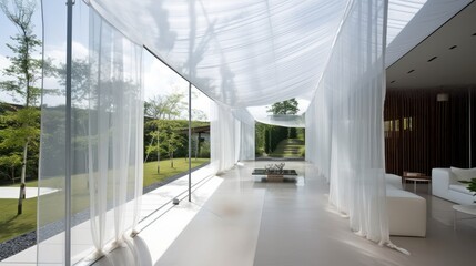 White transparent house with huge windows and space, relax place, living room terrace. Generative AI Technology
