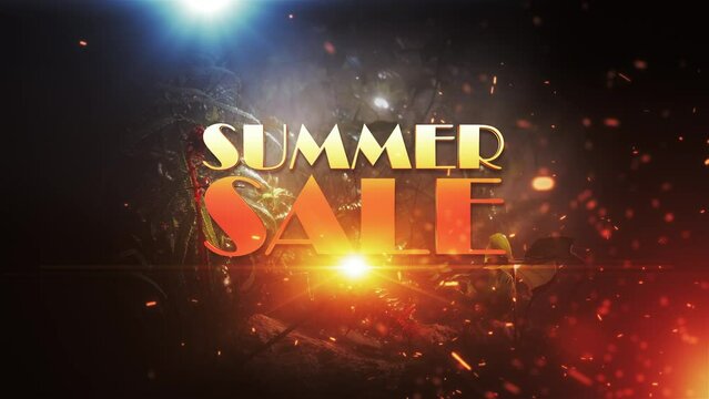 Summer Sale  gold light text animation loop with fire burst firework and particles flow on black abstract cinematic text effect background. 