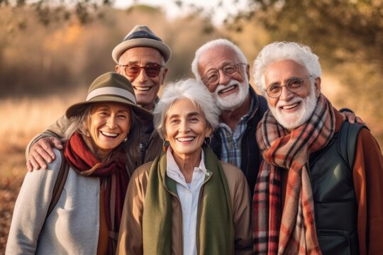 A joyful group of elderly friends enjoying the autumn outdoors, creating memories in the park . Generative AI illustration.