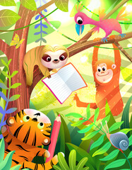 Cute animals reading book or study in jungle forest on the tree. Tiger, sloth and bird learning in rainforest. Colorful education illustration for children . Vector cartoon for kids with cute animals. © Popmarleo