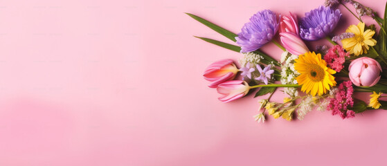 Colorful spring bouquet on pink background, Flat lay flower arrangement for greeting cards and banner with space for text  copy space on left