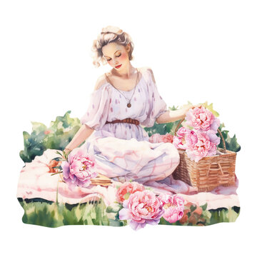 Watercolor peony picnic, girl,, summer floral blossom, Generative AI, png image.
