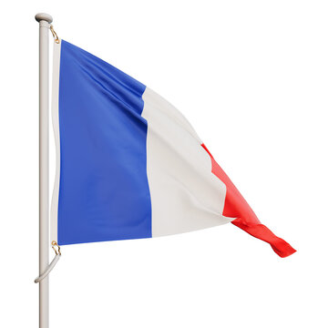 The flag of France flutters in the wind. On a transparent background. Rendering a 3D image