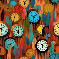 Clocks seamless repeat pattern - fantasy colorful cubism, abstract art, trippy psychedelic [Generative AI]
