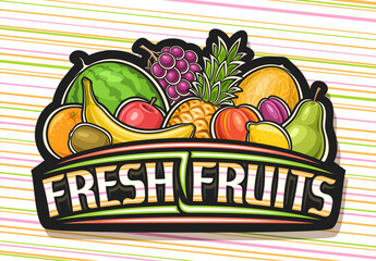 Vector logo for Fresh Fruits, black decorative signboard with illustration of group juicy assorted fruits, dark sign with unique brush lettering for words fresh fruits on colorful striped background