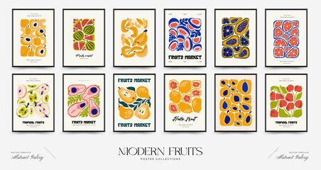 Fototapeta na wymiar Abstract fruits posters template. Modern trendy Matisse minimal style. Exotic Healthy Food. Hand drawn design for wallpaper, wall decor, print, postcard, cover, template, banner.
