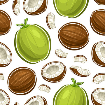 Vector Coconut Seamless Pattern, decorative repeating background with cut out illustration of ripe whole and cracked coconuts for wrapping paper, group of flat lay juicy coconut nuts for home interior