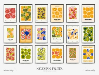 Fotobehang Abstract fruits posters template. Modern trendy Matisse minimal style. Exotic Healthy Food. Hand drawn design for wallpaper, wall decor, print, postcard, cover, template, banner. © KozyPlace