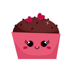Kawaii chocolate cupcake in pink wrapper