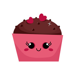 Kawaii chocolate cupcake in pink wrapper