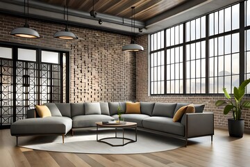 modern living room, sofa, lights, window, table 3d render, Generative AI