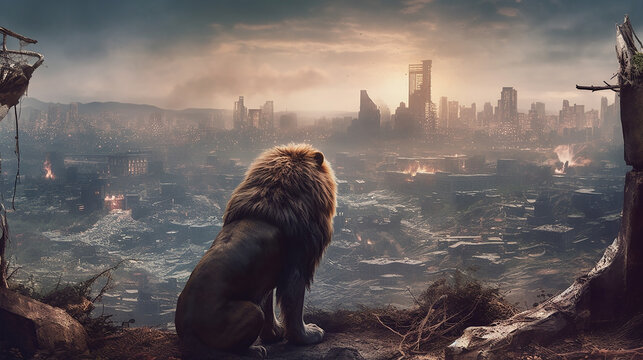 A lion in front of a destroyed city. Cinematic Look. Generative AI