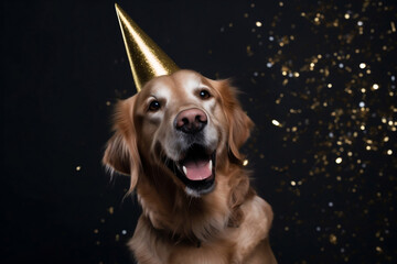 Pet birthday celebration. Happy golden retriever wearing festive cap with falling confetti on dark studio background. AI generative	