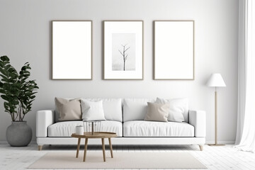 Fototapeta na wymiar Blank Picture Frame Mockup on White Wall. Modern Living